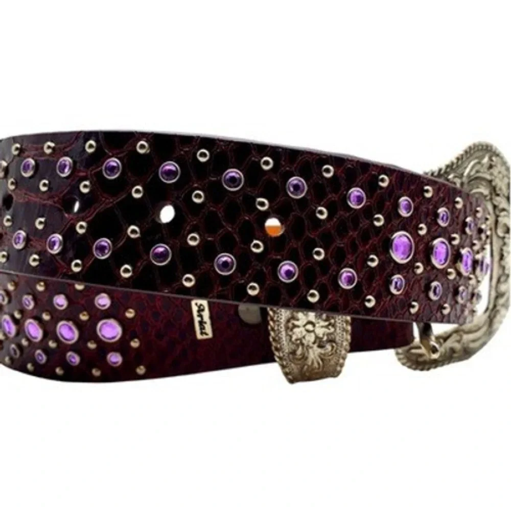 Ariat Burgundy Leather Belt 28 Lavender Crystal Reptile Print Silver Tone Buckle